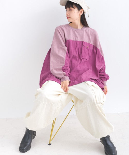 Batwing Sleeve Two-tone Stitching Top