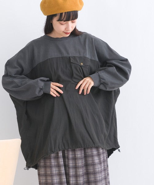 Batwing Sleeve Two-tone Stitching Top