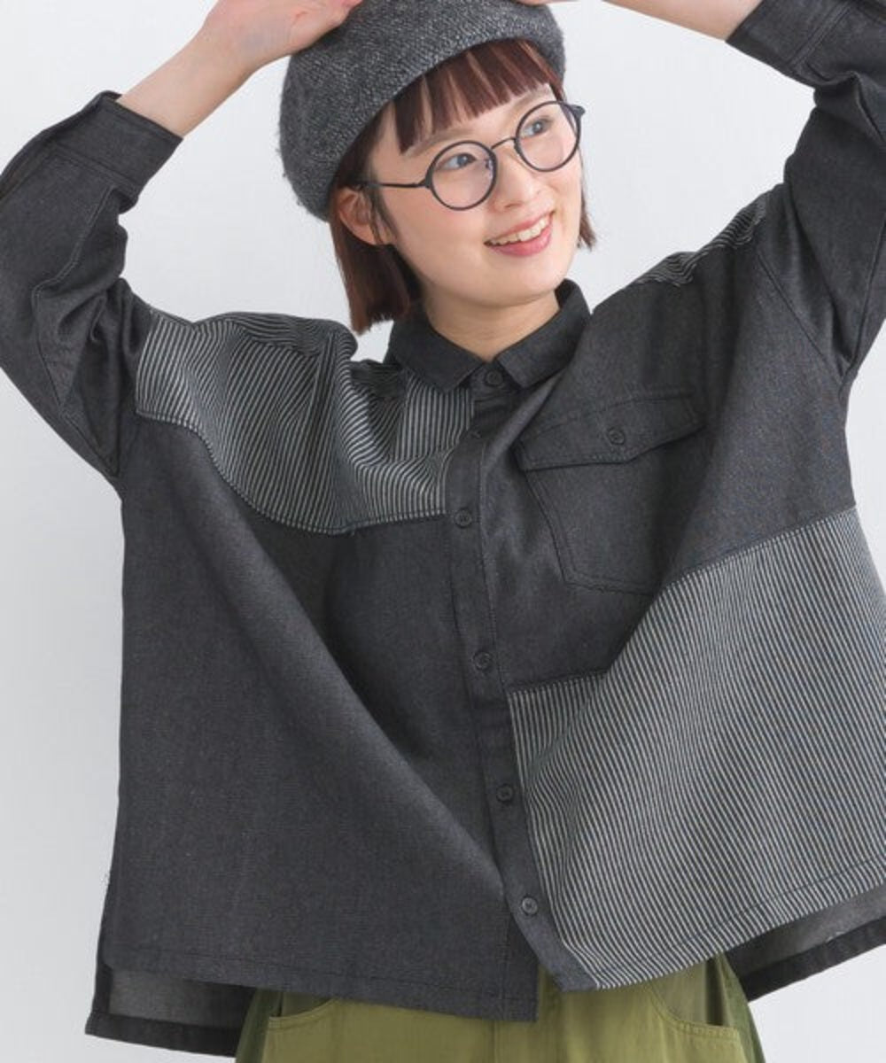 Striped patchwork wide-fit denim shirt