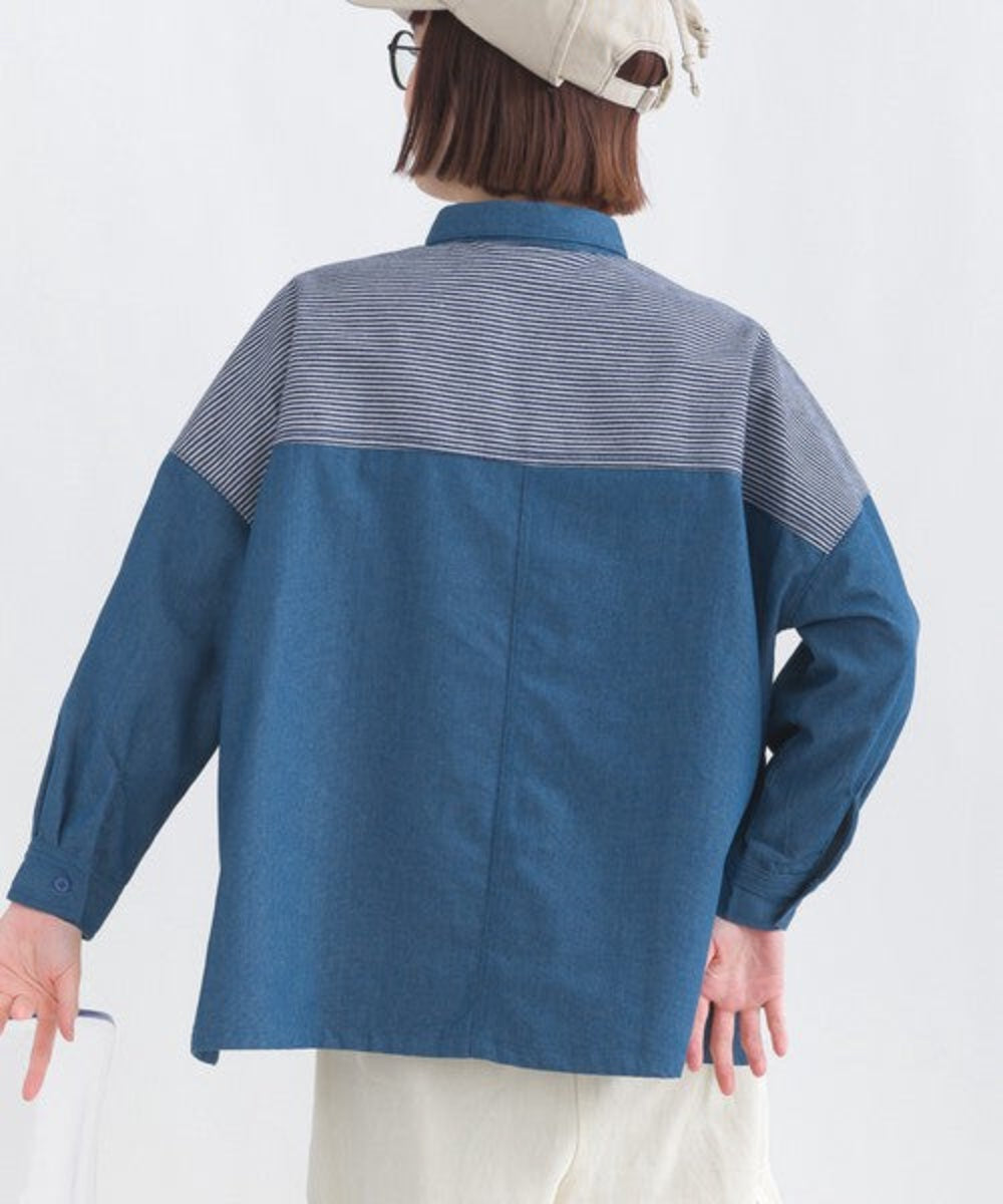 Striped patchwork wide-fit denim shirt