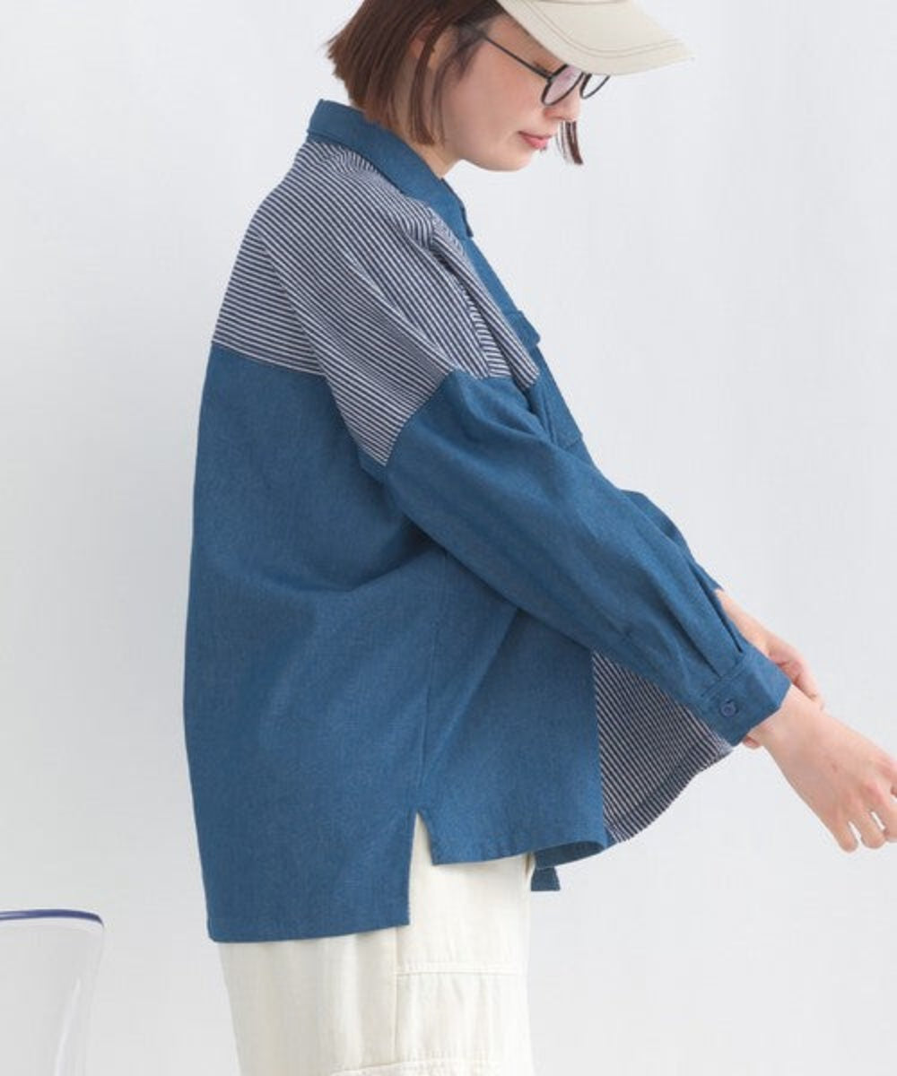 Striped patchwork wide-fit denim shirt