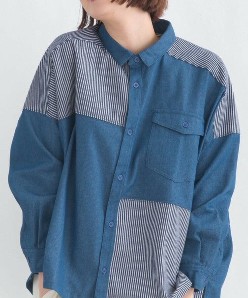 Striped patchwork wide-fit denim shirt