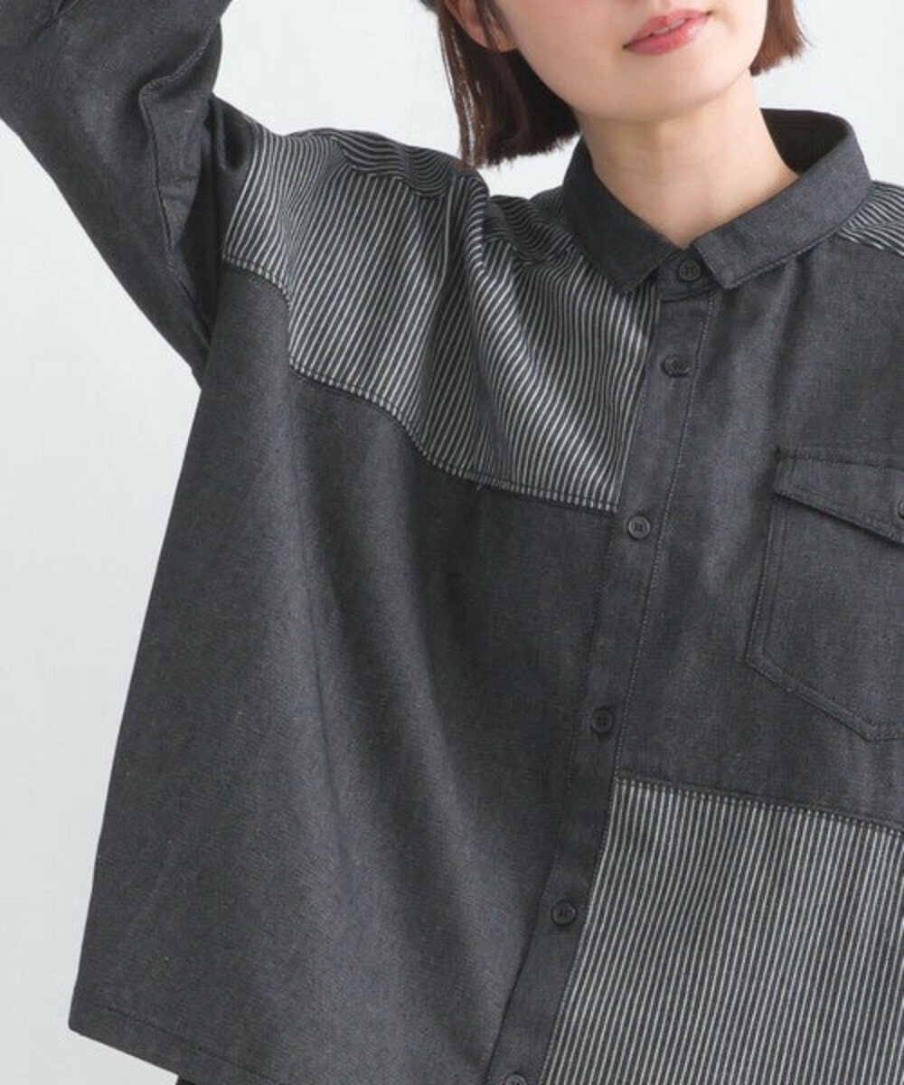 Striped patchwork wide-fit denim shirt