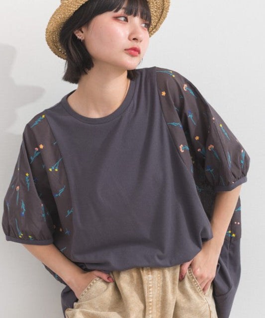 碎花刺繡袖子寬鬆T-shirt