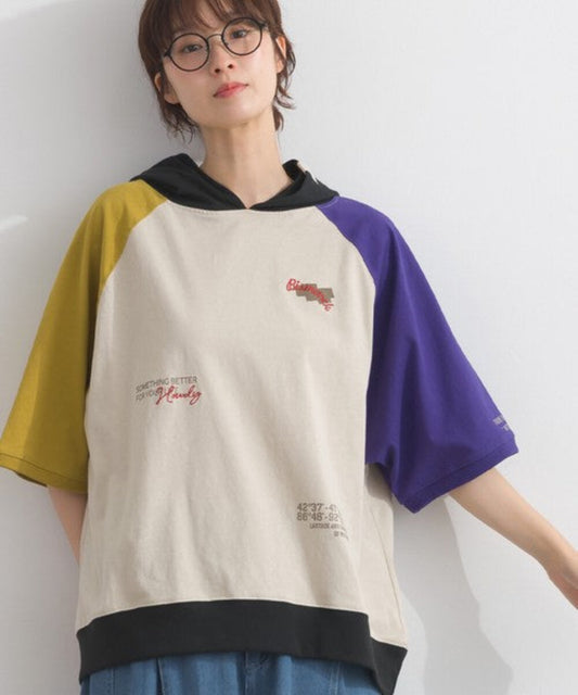 三色拼接文字印花兜帽T-shirt
