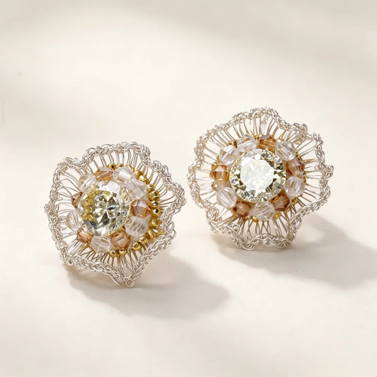 [Flower Shadow Rhinestones 8mm-Silver 2cm] Embroidered Earrings