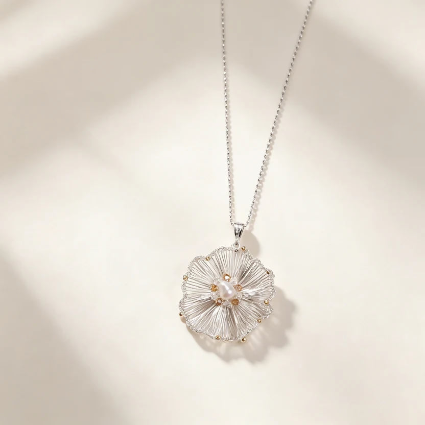 [Flower Shadow Pearl 5mm-Silver 3cm] Embroidered Necklace