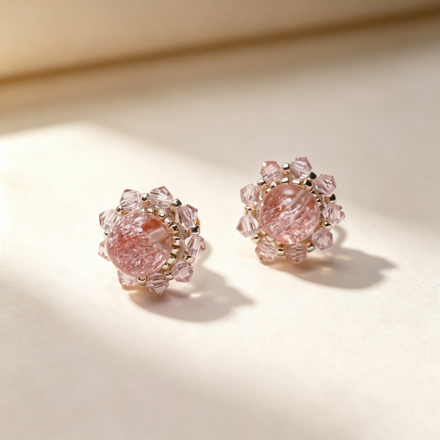 [Stained Window - Pink 13～15mm] Embroidery Earrings