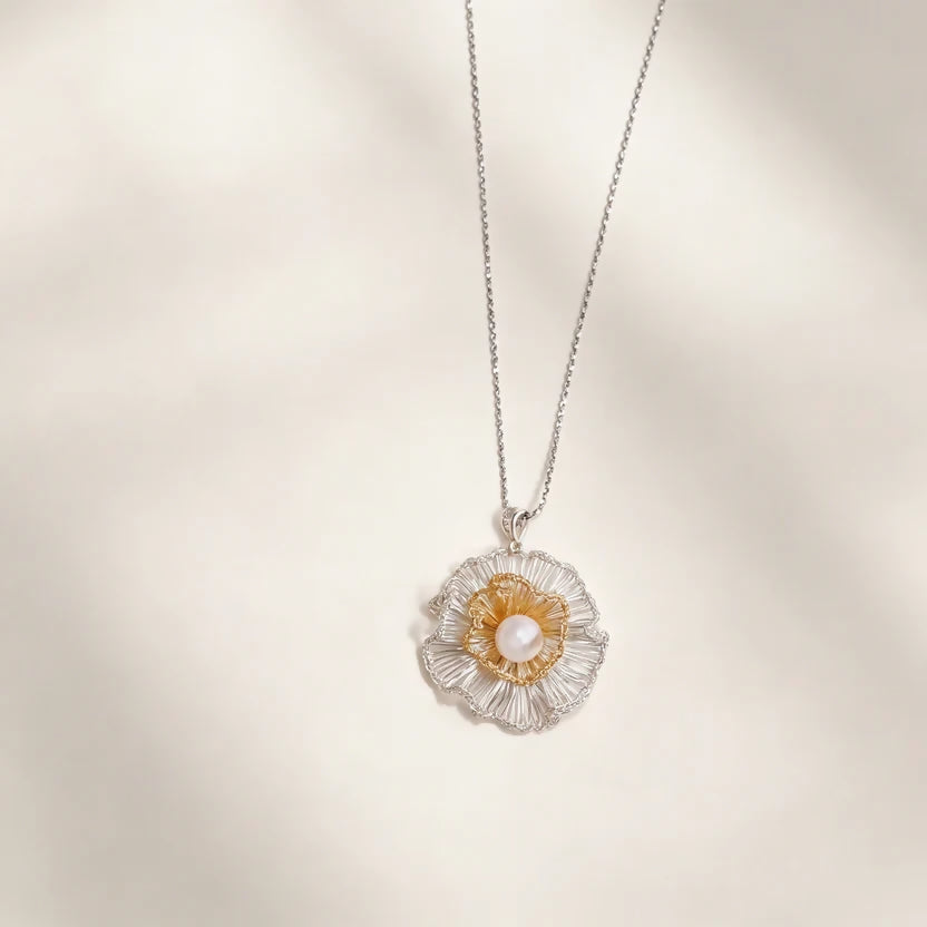 [Flower Shadow Pearl 9mm-Gold and Silver 3cm] Embroidered Necklace