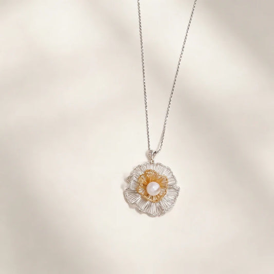 [Flower Shadow Pearl 9mm-Gold and Silver 3cm] Embroidered Necklace