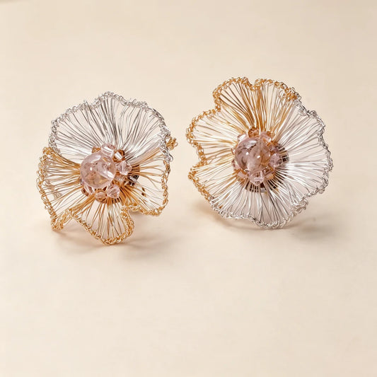 [Flower Shadow-Gold and Silver 3cm] Embroidered Earrings